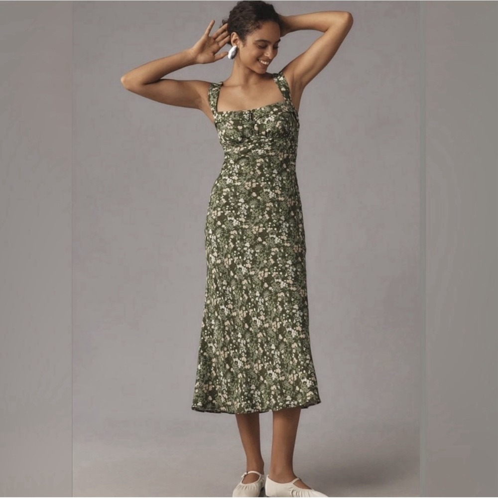 NWOT Reformation 0 Tancy Midi Dress Dark Green Floral Empire Waist Cottage Tea